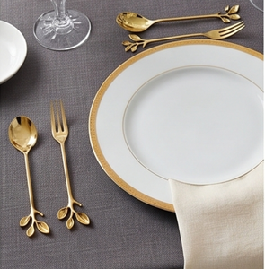Ensemble de couverts en acier inoxydable plaqué or avec motif feuille, manche long, vaisselle élégante pour mariage, style glamour - Product Image 2
