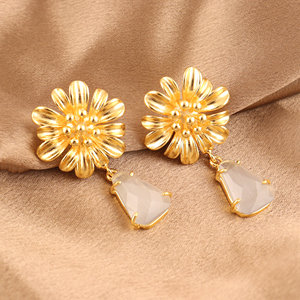 Designer jewelry checker cut chalcedony amethyst quartz <b>drop</b> earrings brass 18k gold plated sunflower stud earring for women - Product Image 5