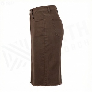 Jupe crayon en jean taille haute pour femme, couleur unie, longueur genou, style décontracté avec poches et ourlet effiloché - Product Image 3