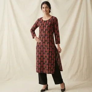 <b>Women</b> Black Jute Cotton <b>Kurti</b> Round Neck Printed Straight Tunic Full Sleeve Geometric Pattern Casual Ethnic Everyday Wear - Product Image 5