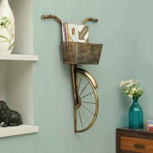 Brass Bicycle <b>Wall</b> Rack With Basket For <b>Books</b> Home Decor Industrial Style Metal Handmade Rustic Design Gold Finish - Product Image 1