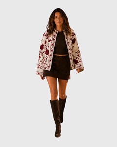 Veste en coton brodée à la main, manches longues, col montant, motif floral, pour femme adulte, style chic prairie, longueur courte, automne - Product Image 2