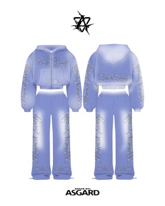 Red Drip Rhinestone <b>Zip</b> <b>Up</b> Cropped Hoodie & Pants Set | Oversized Streetwear Tracksuit | OEM Private Label Manufacturer - Product Image 2