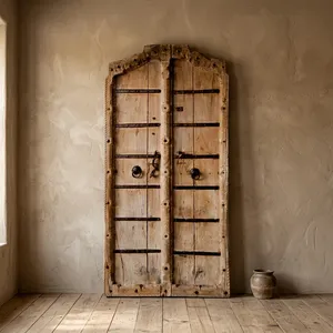 Porte double en bois vintage de style Madras indien avec ferrures métalliques antiques, bois recyclé rustique, décoration traditionnelle Darwaza - Product Image 4