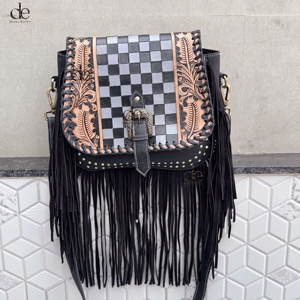 Wholesale Fringe Handbag Hand <b>Tooled</b> Carving <b>Leather</b> Bag Gypsy Boho Checkers Handmade Real <b>Leather</b> Western Multi Uses Bag - Product Image 1