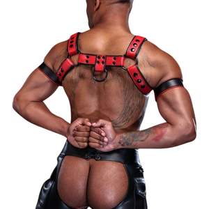 Harnais en fausse fourrure pour homme, modèle Dark Room Bulldog, rouge, avec sangles de poitrine réglables, pour tenue de club haut de gamme et costume sexy en dentelle - Product Image 4