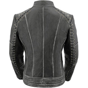SAMROZ SPORTS Women's 'Elegant' Distressed Gray Detail Laced Leather Jacket - Product Image 4