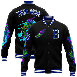 Chaqueta Varsity Negra Personalizada para Hombre con Cuello Alto y Gráfico de Dragón, Impresión en Relieve y Nombre Personalizado, Chaqueta Sublimada - Product Image 1