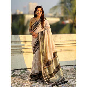 Traditional Zari Contrast Woven Saree <b>Cream</b> Soft Silk <b>Shawl</b> with Elegant <b>Cream</b> Silk Border <b>Cream</b> Silk Saree - Product Image 6