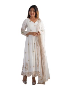 Salwar Kameez en soie blanche, longueur au sol, avec dupatta brodé, tenue traditionnelle indienne et pakistanaise pour mariage, robe Anarkali pour femmes - Product Image 2