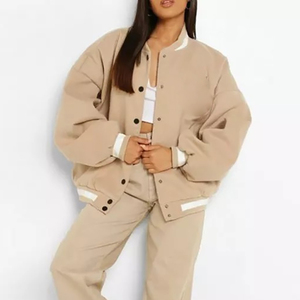 Unisex Beige Leather Varsity Jacket White Trim Stand Collar <b>Button</b> Closure Casual Winter Outerwear Loose Fit Regular Sleeve - Product Image 1