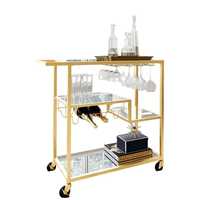 Chariot de bar moderne en acier inoxydable noir de luxe à 3 niveaux avec plateau en verre, chariot de service rectangulaire à roulettes pour le stockage de vin et de boissons