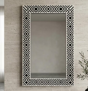 <b>Black</b> White Bone Inlay <b>Mirror</b> | Geometric Diamond Pattern | Rectangular <b>Wall</b> Decor | Luxury <b>Mirror</b> - Product Image 1