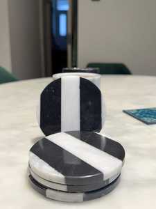 Sous-verres ronds en pierre rayée noir et blanc, modernes, antidérapants, pour napperons de table - Product Image 5