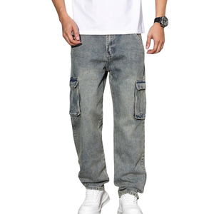 Pantalon cargo en denim vert vintage pour homme, coupe décontractée, jambe droite, multi-poches, jean décontracté délavé, utilitaire, pour tous les jours, taille XL, 100% coton - Product Image 1