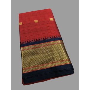 DISEÑADOR LICHI ALGODÓN JACQUARD TEJIDO TRABAJO SAREE CON BLUSA DESCOSADA ROJO - Product Image 1