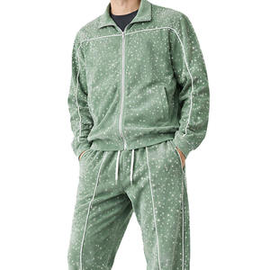 Men's Green Print Tracksuit Full Zip Jacket <b>Jogger</b> <b>Set</b> Casual Autumn Wear Breathable Cotton Regular Fit Side Pockets - Product Image 5