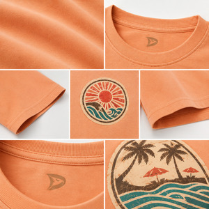 T-shirt col rond orange pour femme, motif vague solaire, coupe ample, décontracté, manches courtes, 100 % coton jersey respirant 240 GSM, printemps - Product Image 6
