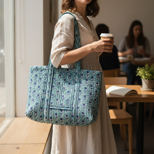 Sac fourre-tout de luxe écologique en toile de coton matelassée pour le week-end, vente en gros, imprimé au bloc de Jaipur, OEM, marque privée, réutilisable pour les courses - Product Image 3