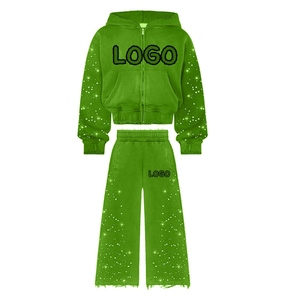 Green Hooded Zipper Tracksuit Set <b>Glitter</b> Print Dot Pattern Loose Fit Full Sleeve Casual Autumn Wear Women's Pants <b>Jacket</b> Whole. - Product Image 1