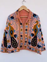 Blouson Bomber en Velours de Coton Brodé Fait Main Respirant, Motif Floral Paon Indien Traditionnel, Point de Chaînette, Manteau Hiver Automne