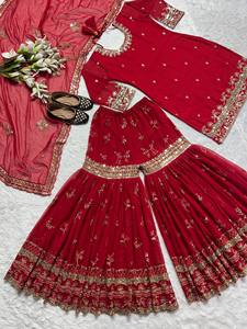Ensemble de robe Sharara brodée rouge pour femmes, vêtements ethniques |   Salwar Kameez pakistanais en Georgette de créateur avec Dupatta |   Vêtements de fête indiens - Product Image 1
