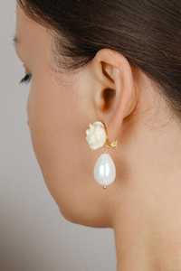 Pendientes florales de novia con clip de rosas, pendientes grandes con perlas colgantes, accesorios elegantes para boda, para orejas sin perforar - Product Image 2