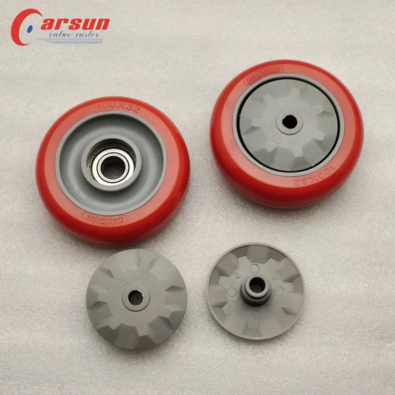 كارسون 100x32mm متوسط PU عجلة 4 بوصة عجلة حمراء بولي يوريثين مع محامل وأغطية بلاستيكية