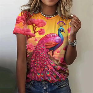 Camiseta de moda para mujer con estampado gráfico 3D de pavo real, camisetas de verano de manga corta, camisetas holgadas transpirables de poliéster con cuello redondo - Product Image 5