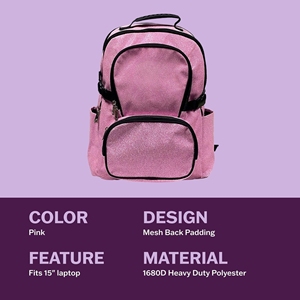 Cheerleading <b>Backpack</b> Printed Polyester Custom Pink Glitter Sparkle <b>Black</b> Trim Multi Pocket Squad Bag Bulk OEM - Product Image 3
