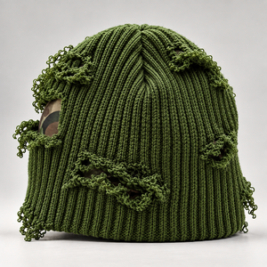 Sam Tactical <b>Green</b> Ripped Beanie <b>Hat</b> Men's Outdoor Winter Knit Cap Camouflage Patch Hand Knitted Casual Style 56-58cm - Product Image 3