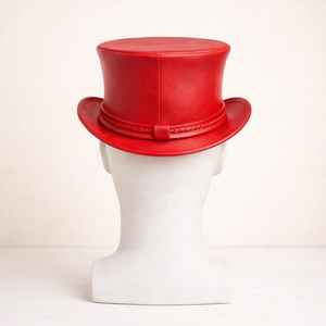 Sombrero de copa rojo unisex hecho a mano de cuero de primera calidad con banda trenzada, estilo vintage gótico steampunk, regalo para él. - Product Image 4