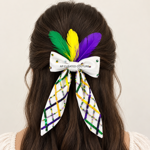 Lazo para el Cabello Personalizado de Mardi Gras con Cuentas y Plumas, Diseño Festivo con Cuentas y Patrones, Accesorio de Vestimenta - Product Image 1