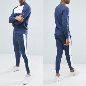 Wholesale Premium Quality Men's Thick Homme Crewneck Track Suit Survetement White Side Stripe & Chest Block Sweat Suit - Product Image 4