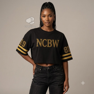 Camiseta de Mujer NCBW con Pedrería Brillante, Letras Griegas Doradas, Cuello Redondo, Manga Corta, Ajuste Holgado, Informal, de Verano, Tejida con Gráficos - Product Image 5