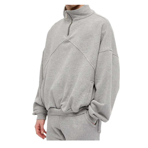 Sudadera Oversize de Hombre con Cremallera de un Cuarto, Gris Sólido, Cuello Alto, Manga Larga, Ajuste Casual Corto, de Felpa Francesa - Product Image 3