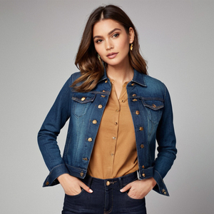 Veste en jean délavé foncé avec finition personnalisée Col à pression Poches chauffe-mains sur la poitrine Fermeture à glissière avec bouton Broderie XS à XXL - Product Image 6