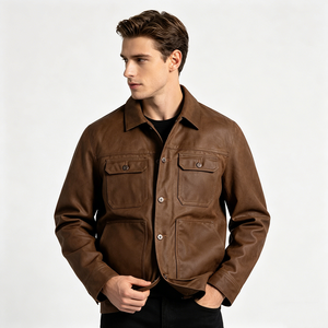 Veste en cuir véritable pour homme, style workwear, col rabattu, couleur unie, fermeture à boutons, vêtement d'extérieur pour l'automne - Product Image 5