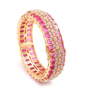 Luxury Women's 18K Gold Plated Ruby Bangle <b>Bracelet</b> With Diamond Flower Design For Wedding Ethnic Jewelry - Product Image 2