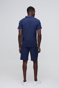 Polo de Punto Azul Marino para Hombre, Manga Corta, Corte Regular, Ribete en Contraste, Color Sólido Informal, Cierre de Cremallera - Product Image 4