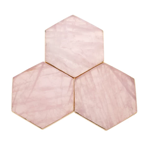 Venta al por mayor piedras naturales cristales curación piedra preciosa ágata rosa cuarzo curación hexágono piedra preciosa posavasos rebanada con adorno de oro - Product Image 3