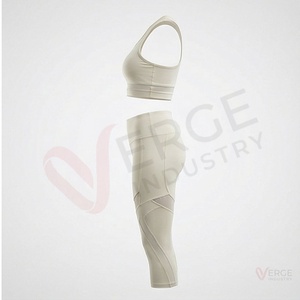 Conjunto de yoga para mujer de 2 piezas: sujetador deportivo de malla con espalda cruzada y leggings de cintura alta hasta la pantorrilla, color beige liso - Product Image 3