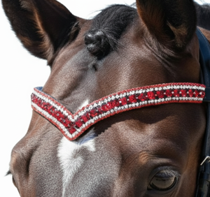 Fronture de luxe en cuir en forme de V avec cristaux rouges et strass faits main pour bride de cheval, équipement d'équitation et de concours - Product Image 1