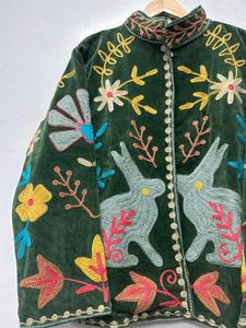 <b>Women</b> Green <b>Velvet</b> Embroidered Suzani <b>Jacket</b> Rabbit Pattern Full Sleeve Stand Collar Bohemian Style Autumn <b>Jacket</b> - Product Image 2