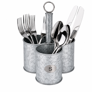 Porte-couverts en métal galvanisé avec deux poignées, support à ustensiles rustique côtelé, 3 compartiments, rangement vintage pour vaisselle et couverts - Product Image 4