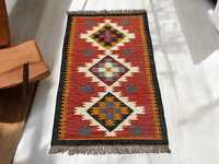 Bohemian Handloom Wool Jute Kilim Long Runner Rug Terracotta and Charcoal Aztec Geometric Carpet for Home and Hotel
