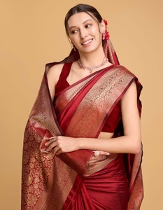 KV Soft Litchi Banarasi <b>Red</b> <b>Saree</b> With Unstitched Blouse - Product Image 1