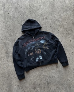 Sudadera con capucha personalizada vintage lavada y desgastada con cremallera completa, de peso pesado, oversize, con gráficos y pedrería bordada, estilo streetwear para hombre - Product Image 3
