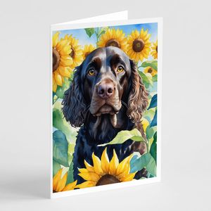 Whimsical American Water Spaniel y girasoles A7 tamaño 5x7 tarjetas de notas en blanco paquete 8 con sobres para saludos - Product Image 1