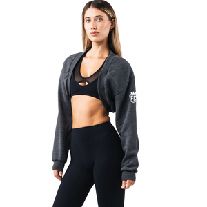 Shrug en polaire pour femme, noir chiné, ouvert sur le devant, court, pièce de superposition, doux, décontracté, athleisure, couverture légère - Product Image 1